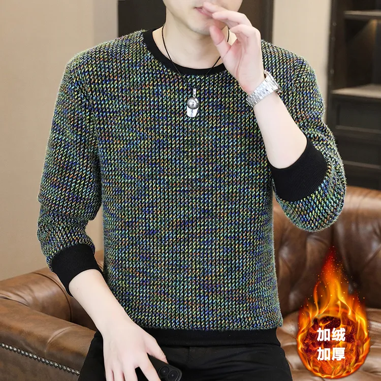 高档圆领加绒加厚针织卫衣男士秋冬时尚潮流打底衫体恤男装3357