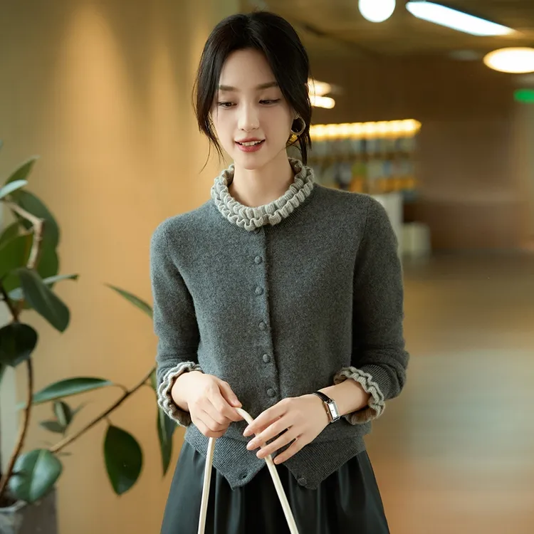 法式撞色木耳边100纯羊毛针织开衫女2025新款设计感外套毛衣外套