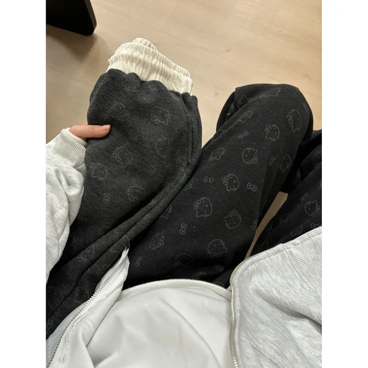 可爱Kitty猫印花设计感休闲裤女200斤慵懒风春夏季大码阔腿直筒裤