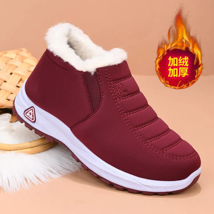 新款冬季加绒加厚妈妈棉鞋中老年一脚蹬休闲软底防滑平底加绒棉靴