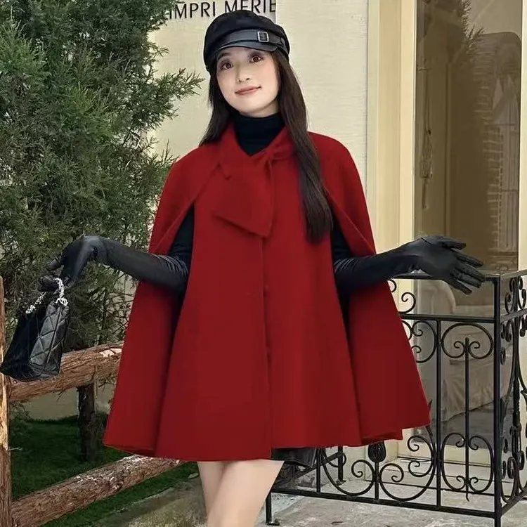100羊毛2025秋冬新款羊毛大衣千金风百搭公主风斗篷毛呢外套