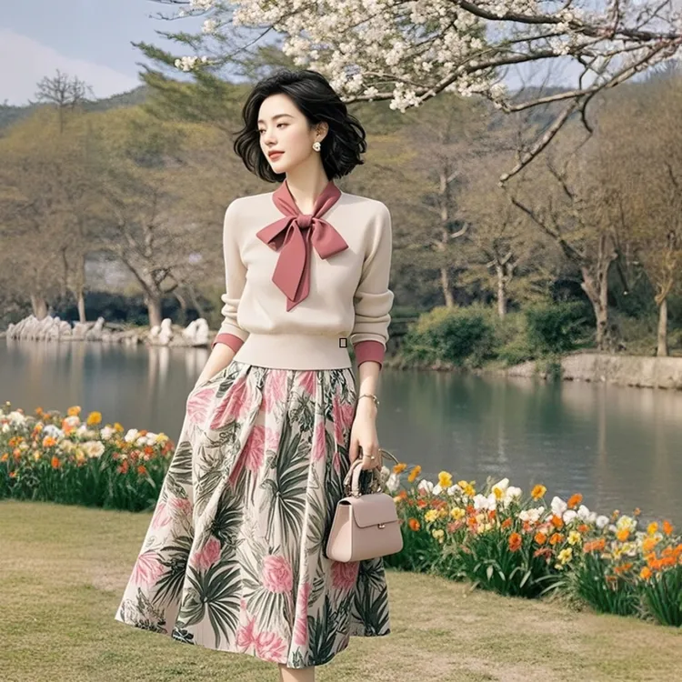 【时尚套装】早春多巴胺拼色系带针织上衣高腰碎花大摆裙99383+Q209