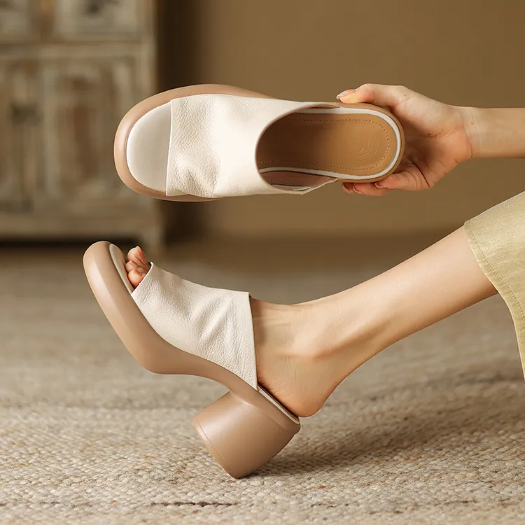 超软小羊皮舒适百搭休闲一字型拖鞋夏季外穿高跟厚底凉鞋真皮女鞋