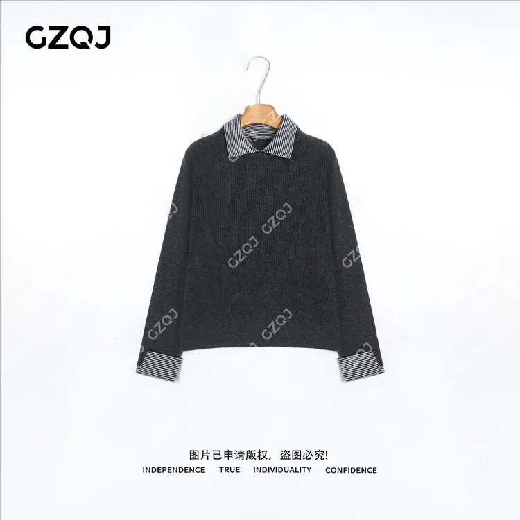 老琴私服【叠影领】100绵羊毛格子Polo领假两件针织衫女冬 35041