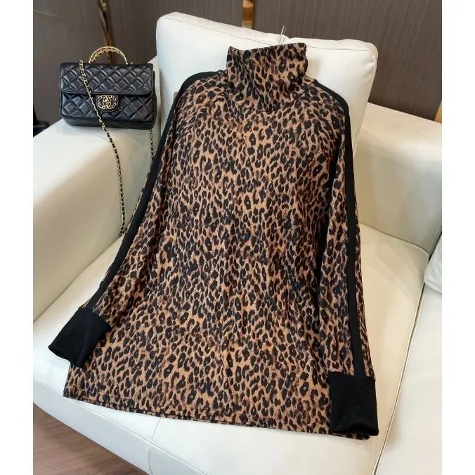 【鑫蕾同款德绒】加厚磨绒豹纹印花打底衫时尚高领欧货洋气上衣T恤