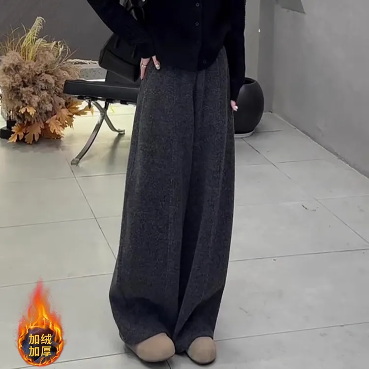 深灰色加绒毛呢阔腿裤女2025秋冬流行新款宽松显瘦保暖休闲弯刀裤