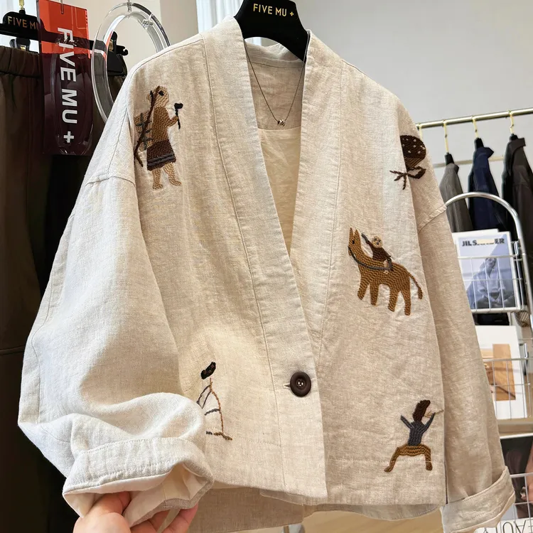 高级感重工刺绣独特别致巨好看的V领高端亚麻短款外套女秋季夹克