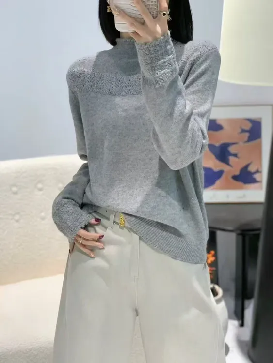 冬季新款时尚烫钻半高领纯色毛衣女洋气套头针织衫内搭打底衫上衣