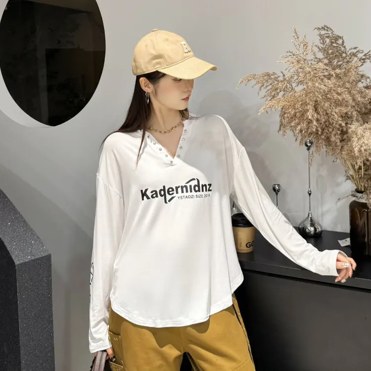 H051莫代尔印花V领长袖T恤街舞爵士广场曳步舞宽松套装上衣