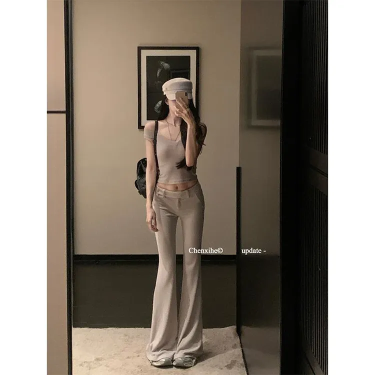 何晨曦 复古垂坠感针织套装女夏宽肩带背心/微喇休闲拖地裤两件套