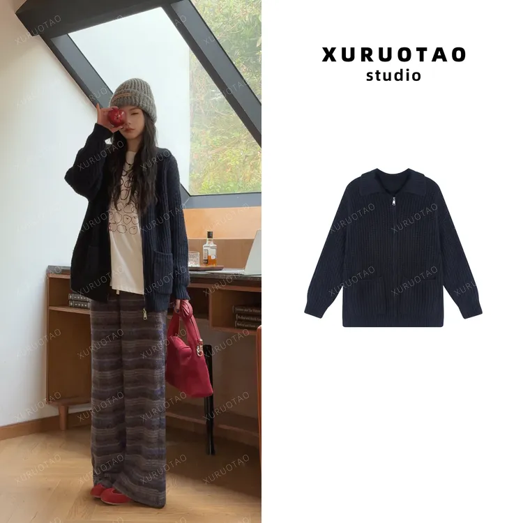 XURUOTAO【韩里韩气】羊毛针织翻领慵懒设计显瘦蓝色上衣 T5719