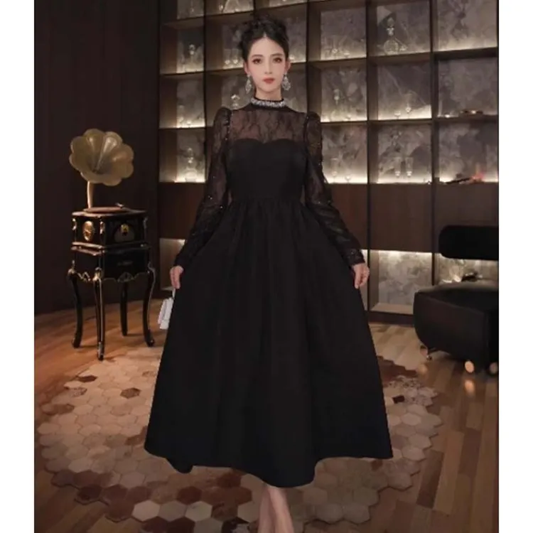 黑色晚礼服连衣裙女蕾丝拼接高级感赫本风收腰大摆裙QJ0035