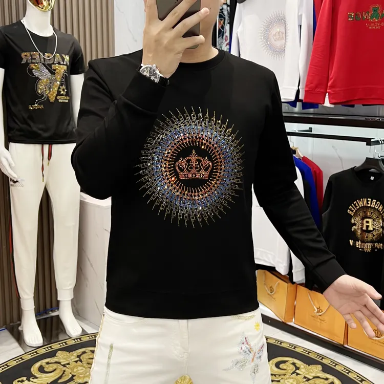 秋冬新款男士长袖卫衣时尚潮流重工烫钻休闲百搭修身圆领男装上衣