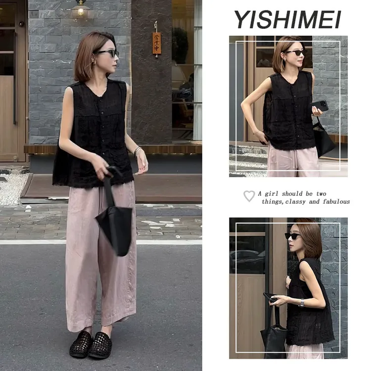 夏季超火2025今年流行小众气质复古无袖上衣冰丝九分阔腿裤套装