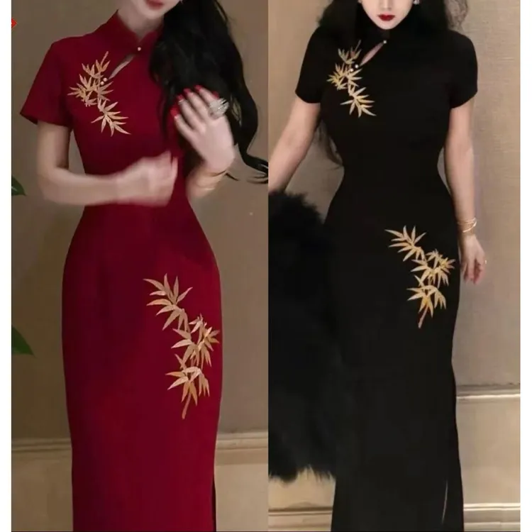 发发推荐【金玉良缘】大码复古馆新中式金竹刺绣改良A版旗袍裙9278