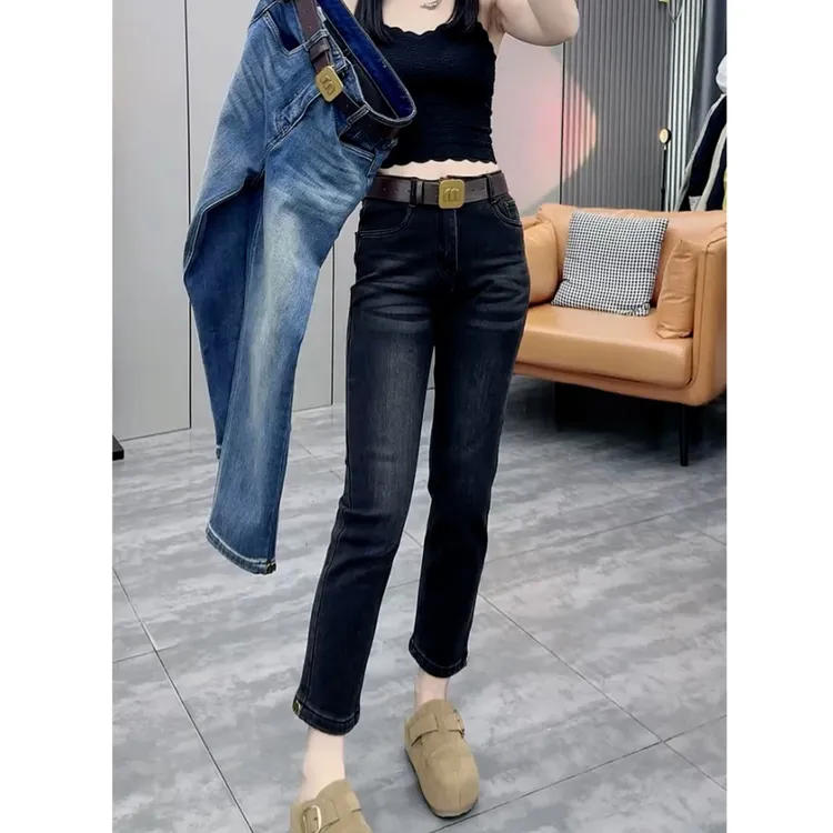黑灰色高腰弹力直筒牛仔裤女2025年秋冬加绒显瘦小个子九分烟管裤