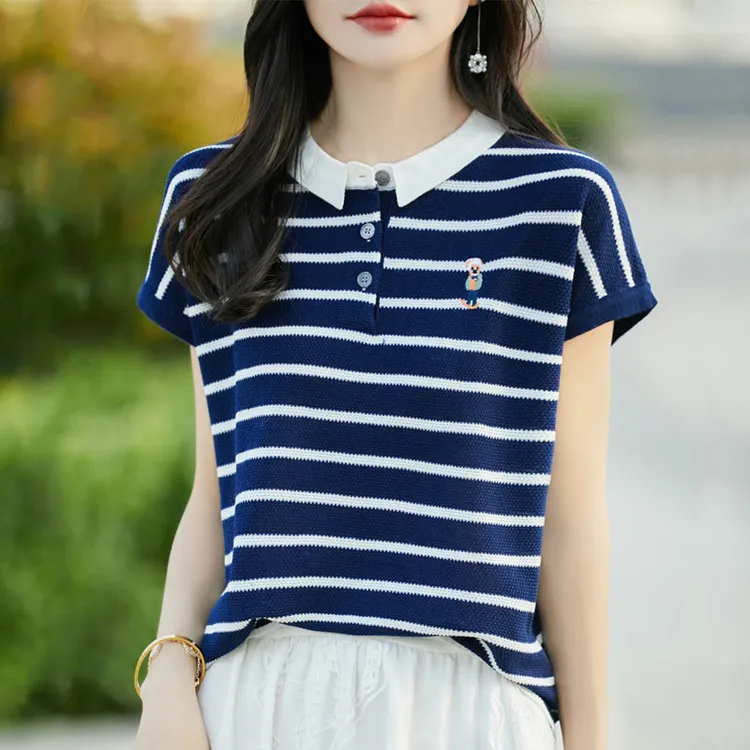 哥弟阿玛施正桑蚕丝条纹短袖T恤女夏季翻领POLO领冰丝针织衫上衣
