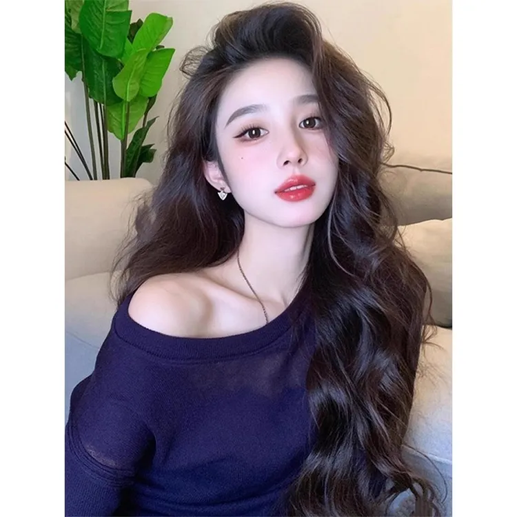 藏青色斜肩长袖t恤秋季女装2025新款辣妹穿搭巨好看露肩罩衫上衣