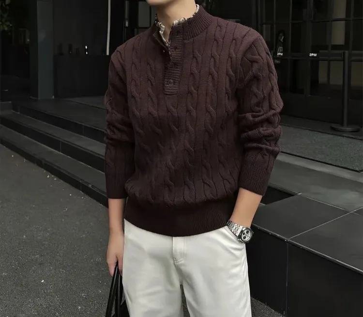 轻奢老钱风「绞花编织假两件」冬季重磅套头亨利领毛衣慵懒感针织衫