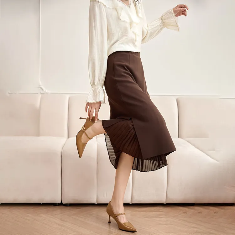 设计感褶皱半身裙优雅飘逸开叉半裙女626-043