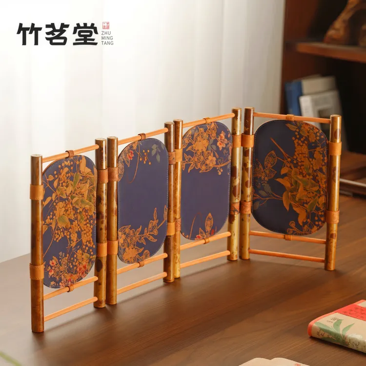 湘妃竹中式复古小屏风可折叠竹编香云纱茶室茶台桌面隔断挡板摆件