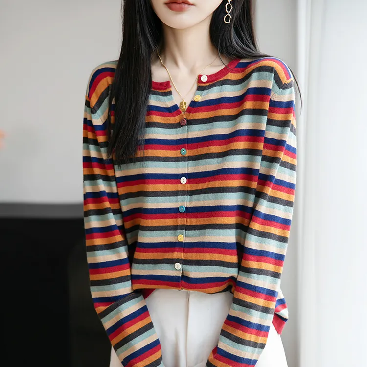 哥弟阿玛施正品韩版女式早秋彩扣条纹拼色针织衫开衫外套宽松T恤