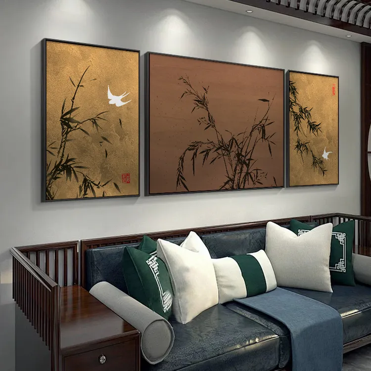 中古风竹子客厅装饰画新中式高风亮节沙发背景墙挂画三联组合壁画