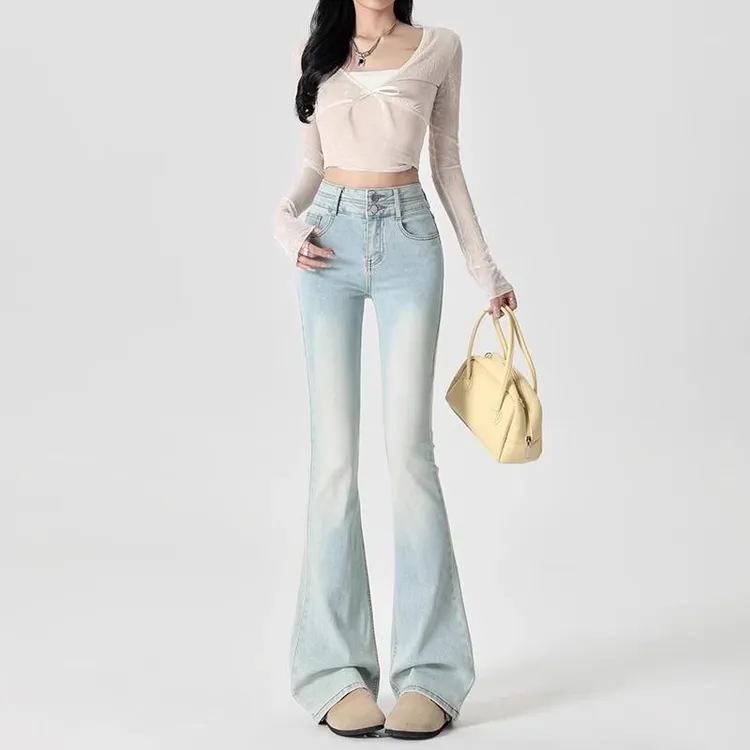 雪千羽浅色微喇小个子牛仔裤女春2025新款高腰修身弹力马蹄喇叭裤
