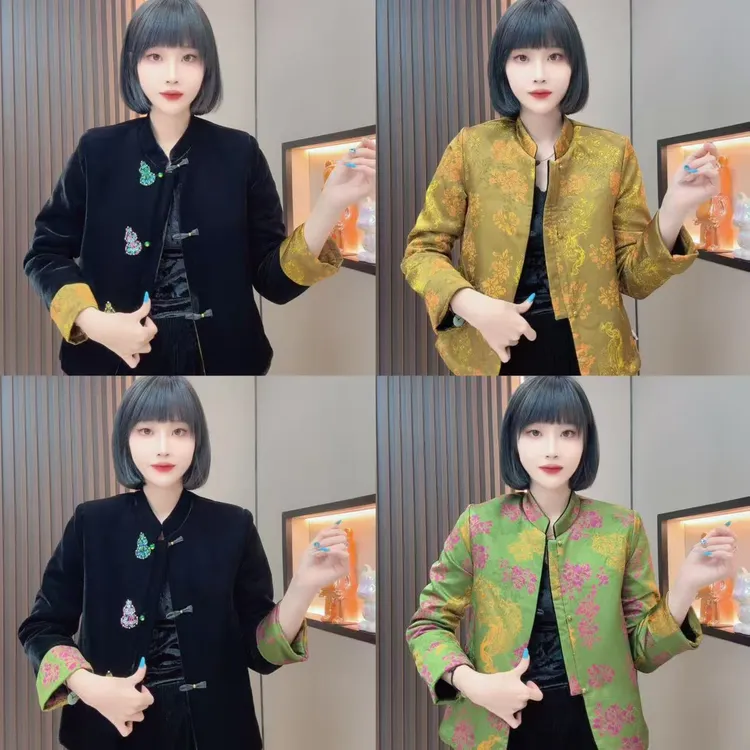 敏宝儿＋2550加棉常规款长袖厚款直襟上衣中式丝绒拼接气质