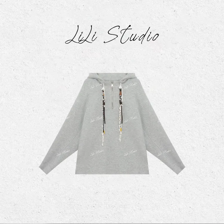 PCNY丨不理理「墨漪生灰」休闲连帽编织抽绳半拉链套头羊毛卫衣