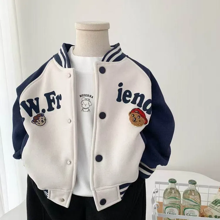 春秋棒球服男2025春秋新款小童小熊夹克潮宝宝字母外套加厚潮