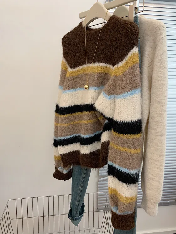 条纹圆领长袖套头毛衣女士小个子2025新款慵懒风高级感针织衫上衣