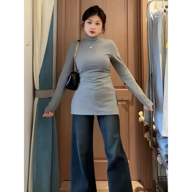 大码辣妹纯欲正肩开叉加厚德绒打底衫女秋冬内搭绝美收腰显瘦上衣