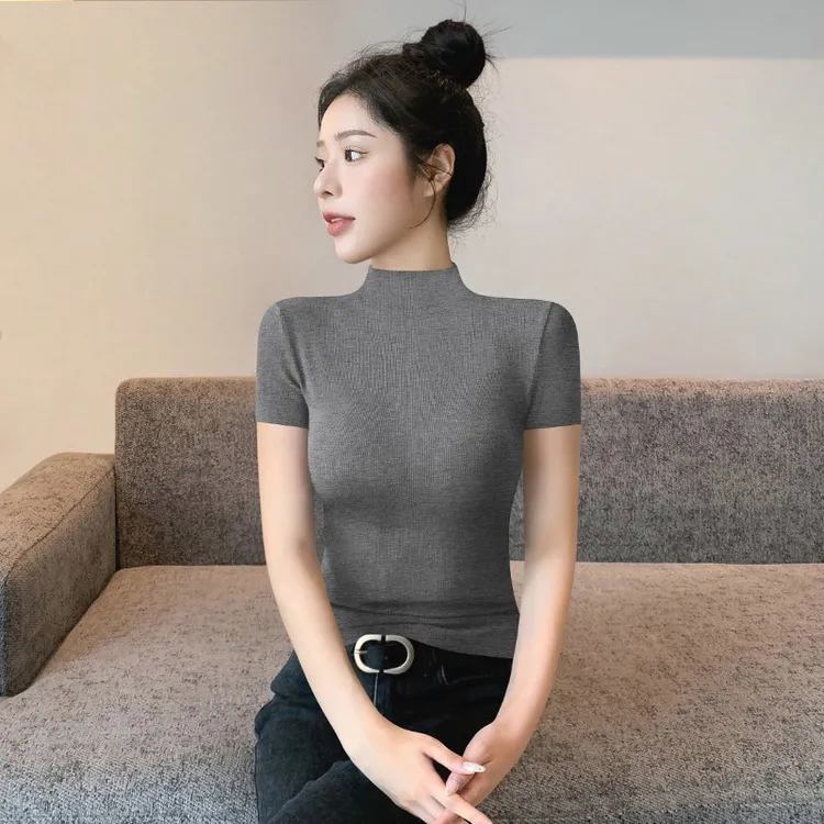 半高领短袖t恤女夏季2025新款正肩修身打底内搭针织黑色上衣百搭