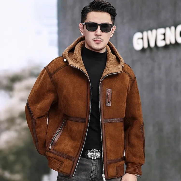 高端海宁真皮皮衣皮毛一体羊羔毛男士连帽羊毛皮夹克时尚加厚外套