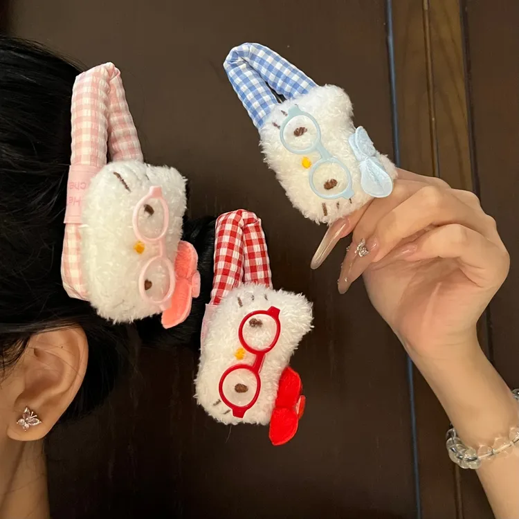 甜美眼镜KT猫格子掰掰夹少女碎发侧边BB夹卡通韩版可爱风百搭发夹