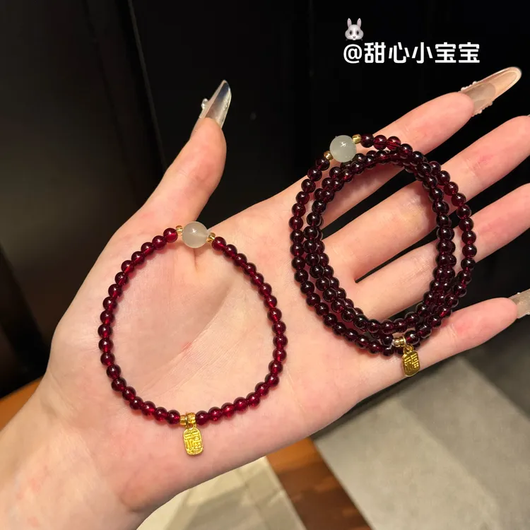非金属玻璃手链 新中式文创福字红色串珠手链双圈情侣闺蜜手串