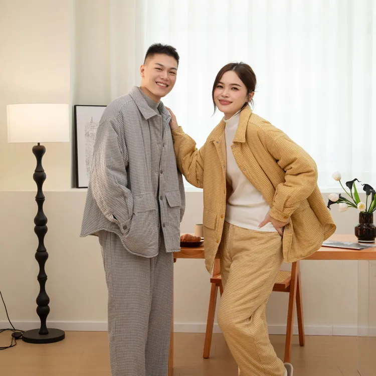宜色家2025秋冬新款格物双层纱棉服套装可外穿加厚情侣保暖家居服