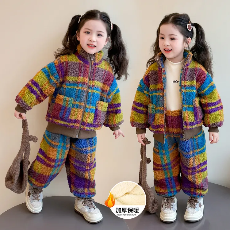 女小童冬装加绒加厚毛毛衣套装2025新款女宝宝韩版洋气格子两件套