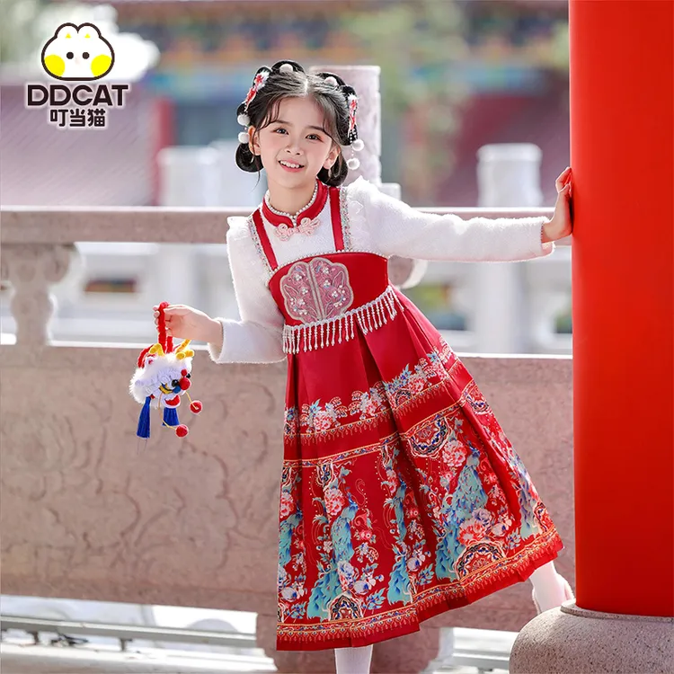 叮当猫汉服女童冬季新款儿童国风连衣裙过年拜年服女孩子唐装冬装