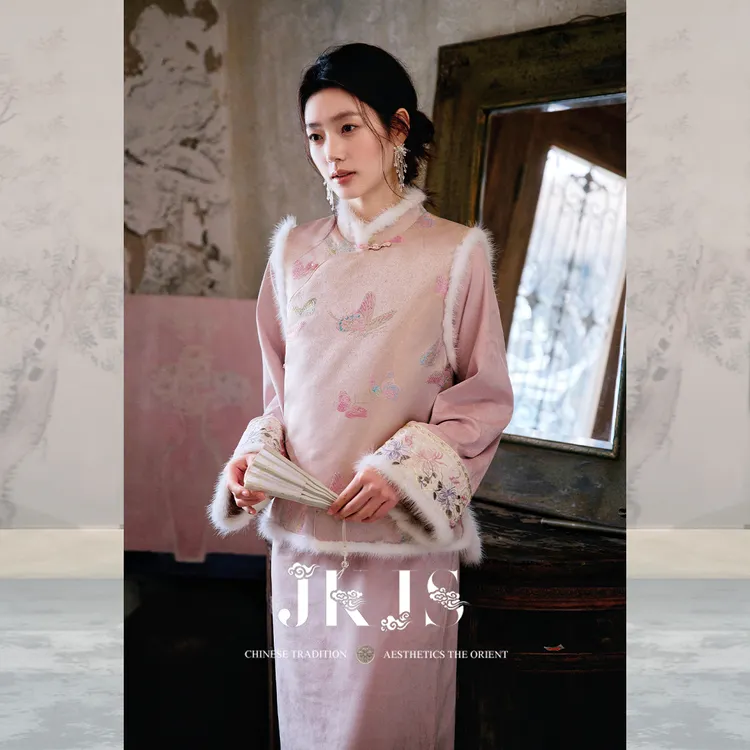 JKJS【云绡蝶】真丝人丝交织提花 新中式棉马甲女外穿冬保暖叠穿