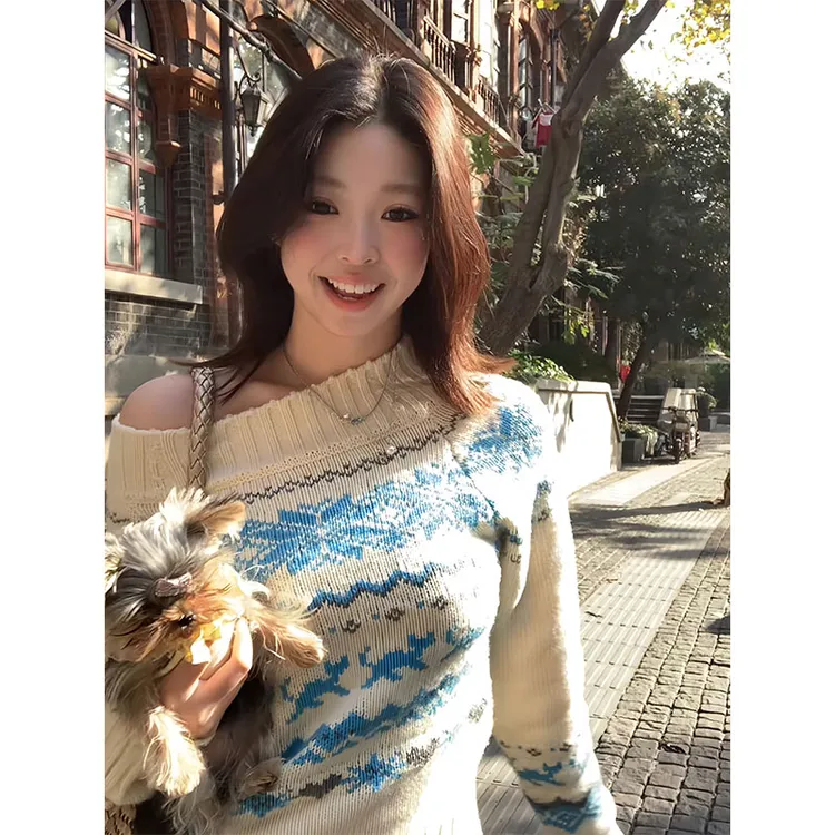 莲叶绵羊绒#圣诞费尔岛一字肩毛衣女秋冬氛围感慵懒风软糯针织衫