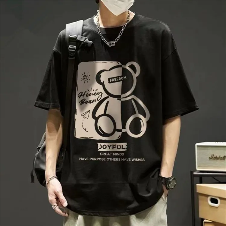 简约风夏季双磨短袖五分袖T恤黑白M5XL宽松潮流港风ins百搭学生韩