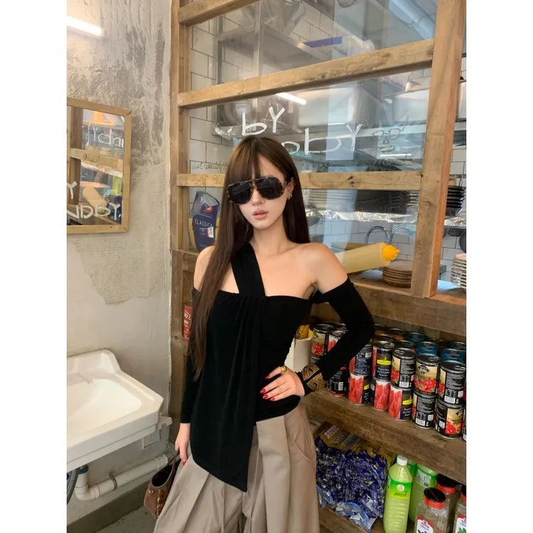 辣妹纯欲风一字露肩长袖T恤女2025秋季新款小众高腰休闲长裤套装