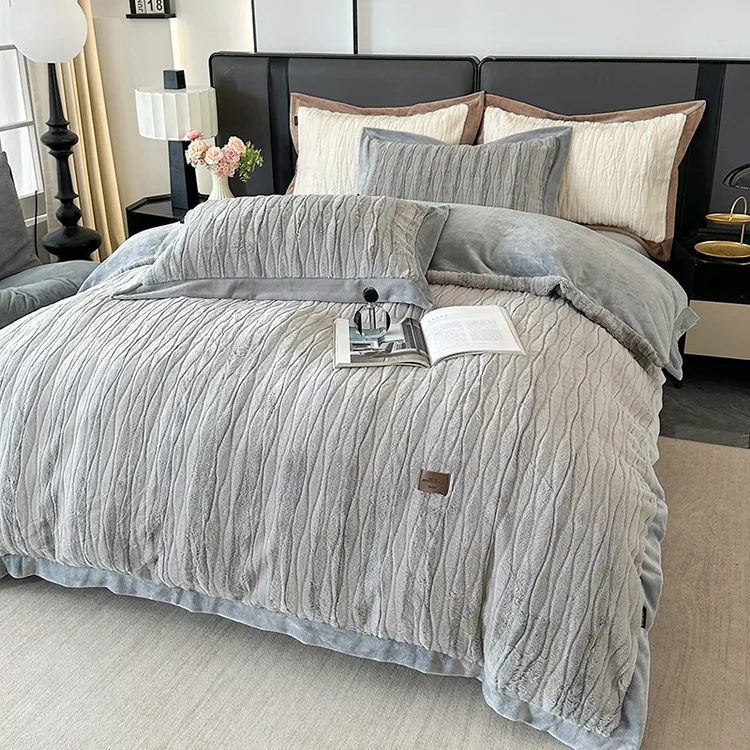 轻奢高级兔毛绒四件套冬季加厚双面绒被套工艺款床单款床上用品