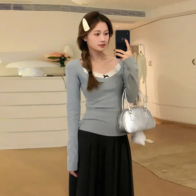 大码女装胖mm显瘦百搭蕾丝拼接长袖T恤春季遮肚藏肉正肩打底衫女