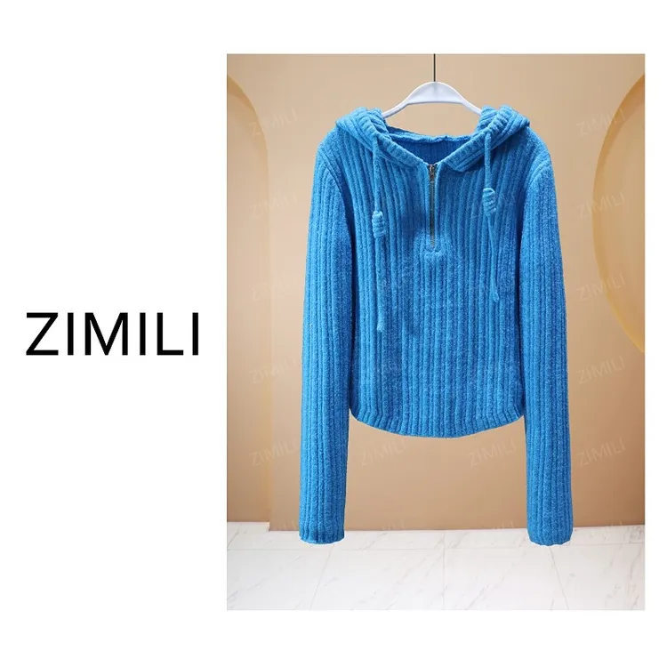 【亮哥欧货女装】冬季加厚羊毛《绒垛》湖水蓝连帽羊毛毛衣26563-Q4