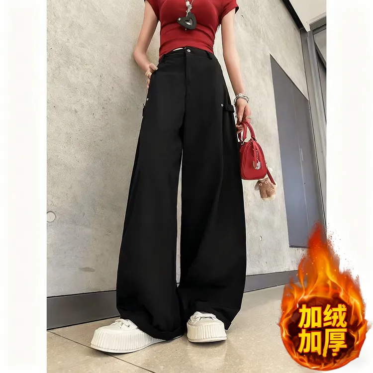 2025高腰显瘦阔腿休闲弯刀裤女秋冬加绒加厚复古工装直筒裤2382-1