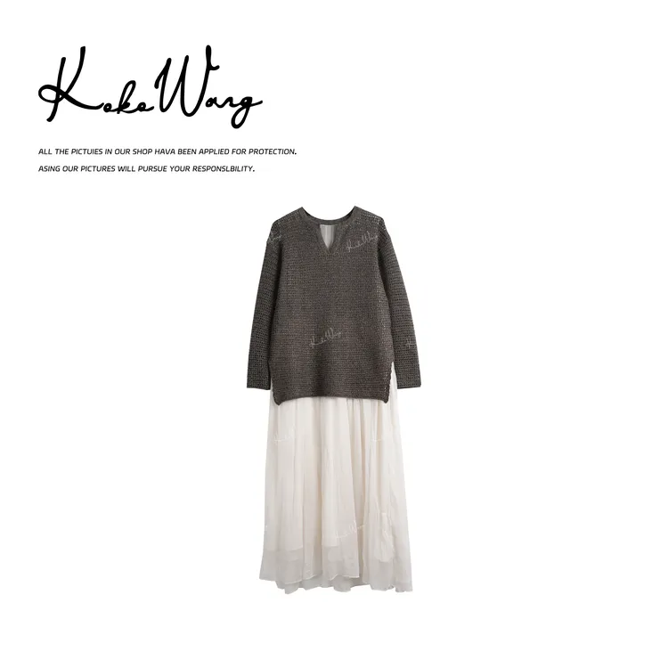 KOKOWANG 秋冬高级感慵懒风亚麻镂空针织衫拼接连衣裙N0015H12H01