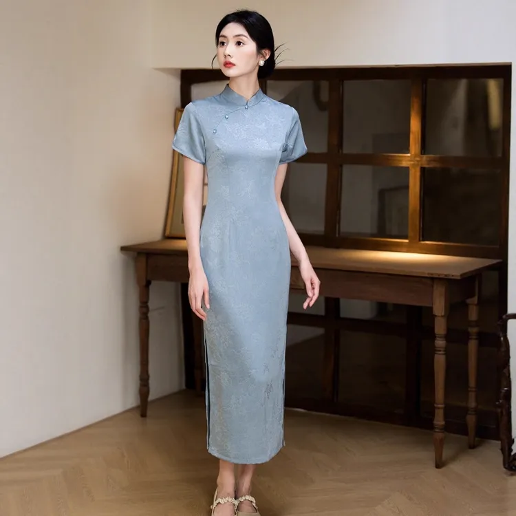 蓝色旗袍女喜婆婆婚宴装2025新款礼服妈妈夏季新中式改良平时可穿